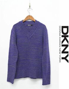 W061/ прекрасный товар DKNY свитер длинный рукав вязаный V шея ... шерсть M фиолетовый 