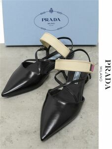 HGC-X199/美品 PRADA サンダル パンプス フラット ベルクロ ポインテッドトゥ 37 23.5cm 黒 イタリア製