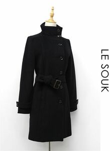 Q222/LE SOUK コート ジャケット ウエストベルト カウルネック アンゴラ ウール 38 M 黒