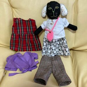 ハンドメイド「パリの着せ替えどうぶつ人形」今野はるえさん参考　犬の人形、ワンピース、ブラウス2、スカート、パンツ、バッグ他