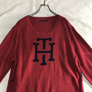 TOMMY HILFIGER トミーヒルフィガー【人気の大きいサイズ】デカロゴ プルオーバーニット セーター 赤 XLサイズ