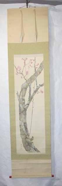 Special Selection YA-154 Makoto Tsuzuki Painting Red Plum Blossoms and Birds Silk Hand-painted Hanging Scroll Japanese Painting Calligraphy Antique Painting, Painting, Japanese painting, Flowers and Birds, Wildlife