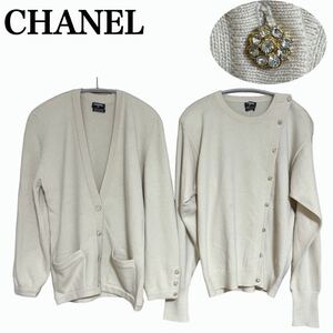 CHANEL Chanel cashmere ensemble twin knitted cardigan here embroidery rhinestone button sweater long sleeve set S lady's 