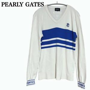 状態良 PEARLY GATES パーリーゲイツ 袖ロゴ Vネック ニット セーター サイズ4 メンズ ゴルフウェア