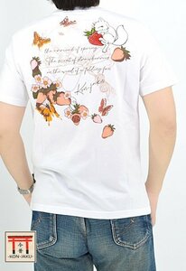 「イチゴの香り」半袖Tシャツ◆今昔 ホワイトMサイズ KJ-29184 和柄 和風 キツネ 狐 きつね 苺 ユニセックス こんじゃく