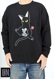 ラミ＆アール 総刺繍トレーナー◆LIN ブラックMサイズ AL-75102 黒猫 ねこ ネコ スウェット 鼠 ネズミ