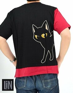 ラミ＆アール レイヤード半袖Tシャツ◆LIN ブラック×レッドLサイズ AL-75053 猫 ねこ 鼠 ネズミ 刺繍 男女兼用 ユニセックス