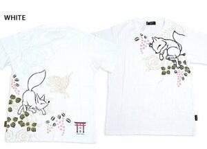 南天唐草半袖Tシャツ◆今昔 ホワイトXLサイズ KJ-27003 和柄 和風 狐 きつね キツネ ユニセックス