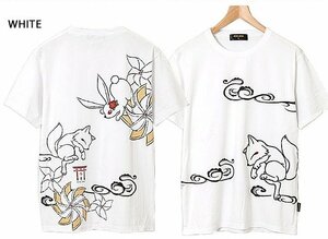 「風車に兎」半袖Tシャツ◆今昔 ホワイトLサイズ KJ-27002 和柄 和風 狐 きつね キツネ うさぎ ユニセックス