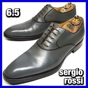 管理H7■sergio rossi 6.5 約25-25.5cm プレーントゥ 内羽根 グレー 灰色 セルジオロッシ 1034 革靴 レザー シューズ 本革 中古*BA123