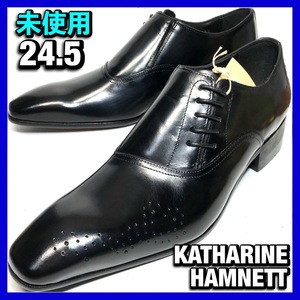 管理I8■KATHARINE HAMNETT 24.5cm 黒 ブラック サイドレース プレーントゥ キャサリンハムネット 革靴 レザー シューズ 中古 未使用*BA128