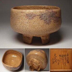 慶應◆江戸時代 萩茶碗 深川萩 若松絵割高台四方茶碗 旧蔵箱 売立札添 茶道具