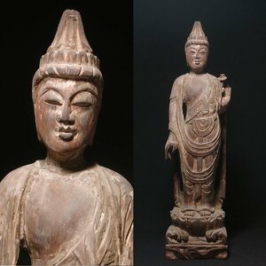 慶應◆本物保証 中国仏教古玩 清朝早期 木造彩色 観音菩薩立像 総高51.5cm