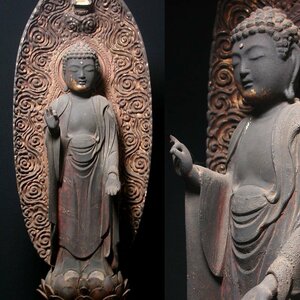 慶應◆本物保証 時代仏教美術 木造漆箔 釈迦如来立像 総高64cm