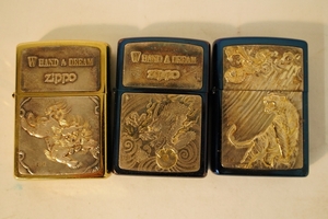 A5　ZIPPO　純銀メタル貼り　龍・虎・獅子　細密彫刻　3種　ジッポ―　喫煙具