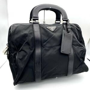 HY1240■PRADA プラダ ポコノ ナイロン ボストンバッグ ハンドバッグ トラベルバッグ ブラック カデナ付き 三角ロゴ プレート ※鍵なし