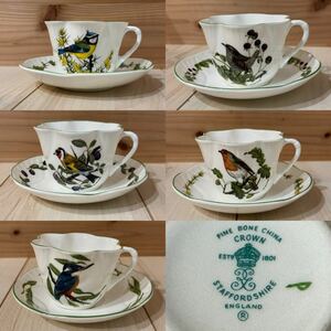 ☆CROWN EST 1801☆STAFFORD SHIRE ☆fine bone china☆洋食器 英国製☆5種 花鳥図カップ&ソーサー 5客セット☆