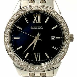 仙14【稼働】SEIKO 6N22-00H0 腕時計 デイト クオーツ ネイビー文字盤 ラウンド アナログ セイコー QZ ラインストーン レディース