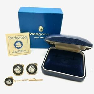 仙53【カフス＆タイピン】Wedgwood カフリンクス ネクタイピン タイタック ゴールドカラー ウェッジウッド シップ 帆船 ガレオン 箱付き