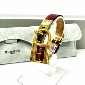 仙55 HERMES ケリーウォッチ クオーツ ボルドー文字盤 ゴールド金具 エルメス 腕時計 箱付き レディース カデナ 2針