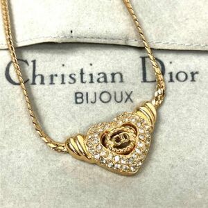 仙65 Christian Dior BIJOUX ネックレス ハート ラインストーン 喜平 ゴールドカラー クリスチャンディオール アクセサリー 保存袋付き