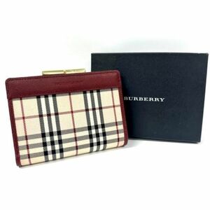 仙16 BURBERRY ノバチェック 財布 ボルドー 二つ折り バーバリー 箱付 レディース がま口 キャンバス ウォレット