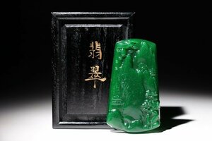 ☆寒椿☆翡翠　根付　楼閣山水紋　重量約127.72ｇ　(検)翡翠彫刻 細密彫 天然石 中国美術 唐物 古玩