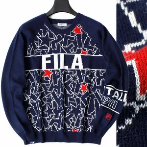 新品 秋冬 FILA GOLF タイポグラフィジャガード ニット セーター LL 紺 フィラ ゴルフ ウールブレンド ゴルフウェア メンズ ◆CI1711B