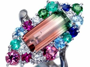 1円～【ジュエリー極】カラフル！良質天然バイカラートルマリン2.23ct＆マルチ宝石＆ダイヤ0.13ct 高級Pt900リング k8117kr【送料無料】