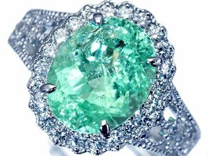 1円～【ジュエリー極】鑑付 大粒天然パライバトルマリン3.35ct＆ダイヤ0.35ct 超高級Pt900リング a797JitkTWHES【送料無料】