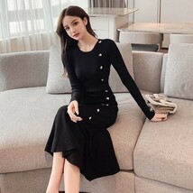 【dress】フェミニン 着心地良い 韓国風大人可愛いデートニットワンピース ブラック_画像5