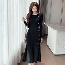 【dress】フェミニン 着心地良い 韓国風大人可愛いデートニットワンピース ブラック_画像3