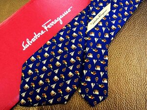 ★並品★4R00294【FERRAGAMO】フェラガモ「ウシ 動物 テント 幌馬車 ランプ 柄」ネクタイ