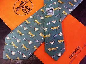 ★並品★4R01176【HERMES】エルメス「鳥 ニワトリ 狐 キツネ 動物 柄」ネクタイ