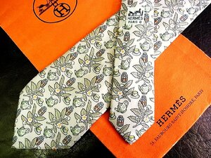 ★並品★4R01805【HERMES】エルメス「ティーセット 花 葉っぱ 植物 柄」ネクタイ