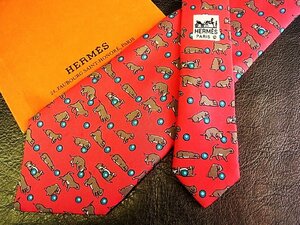 ★並品★4R01581【HERMES】エルメス「犬 いぬ 動物 ボール 柄」ネクタイ