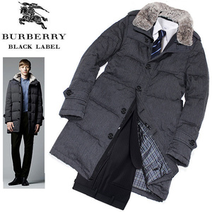 良品！L(3) バーバリーブラックレーベル 裏ノバチェック ラビットファー付 トレンチコート型ダウンコート■BURBERRY BLACK LABELジャケット