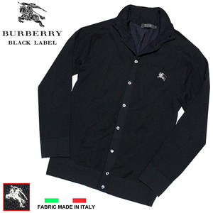 美品！3(L) バーバリーブラックレーベル ホース刺繍 ハイゲージ 伊製の羊毛100％ ハイネック ニットカーディガン 黒■BURBERRY BLACK LABEL