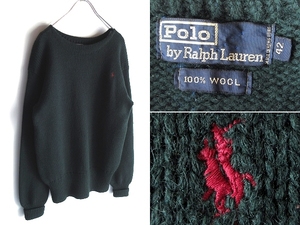 希少 90sビンテージ Polo by Ralph Lauren ラルフローレン ポロポニーロゴ刺繍 ウール ローゲージニット セーター 42 緑 RN41381 USA企画