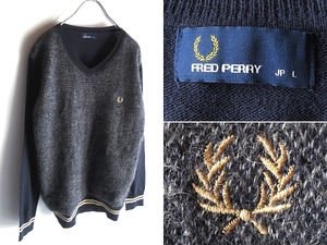 FRED PERRY フレッドペリー ローレルロゴ刺繍 モヘヤウール/チェック切替 Vネックニット セーター L ネイビー チャコール