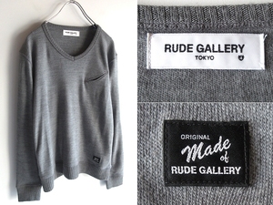 RUDE GALLERY ルードギャラリー CRESCENT PKT V NECK L/S ロゴワッペン Vネック ウール混 クレセントポケット ニット カットソー 4 グレー