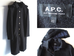 A.P.C. A.P.C. Италия производства ткань использование soft шерсть melt n капот снят возможно ремень есть 2WAY одиночный пальто XS чёрный черный внутренний стандартный товар 