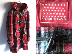 希少 90sビンテージ HYSTERIC GLAMOUR ヒステリックグラマー チェック柄 ウールメルトン ダッフルコート FREE レッド 赤 日本製 男女着用可