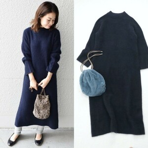 【即決】美品*1.8万 シップス｜ふわふわラクーンファー♪ニットワンピース ネイビー（liflattie ships ）