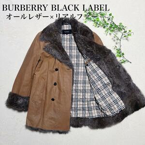 未使用級【至高の一品】BURBERRY BLACK LABEL リアルレザー リアルファー ノバチェック レザージャケット バーバリーブラックレーベル