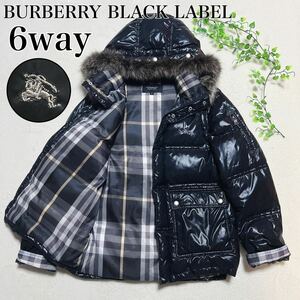 6way【美品】BURBERRY BLACK LABEL ダウンジャケットメガチェック フォックスファー バーバリーブラックレーベル アウター ノバチェック M