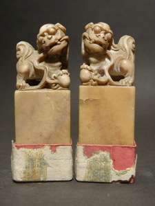 86 印材 唐獅子 2個 / 古印材 印鑑 判子 彫刻 篆刻 印章 根付 中国 中国古玩 文具 書道 書画 