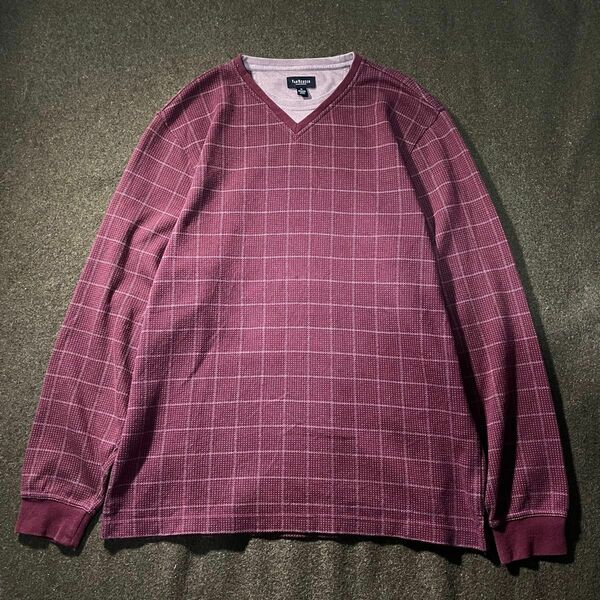 90s- VAN HEUSEN 前V 格子チェック　ロングTシャツ　M