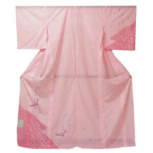 【日本製】仕立上り 絽付下げ 花に鳥（ピンク色）（060）洗える ポリエステル