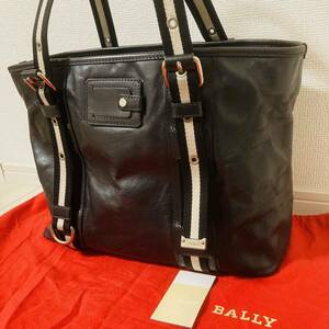 ★美品★ BALLY バリー A4可 大容量 トートバッグ トレスポ トレインスポッティング ストライプ ビジネス レザー 革 黒 ブラック BK